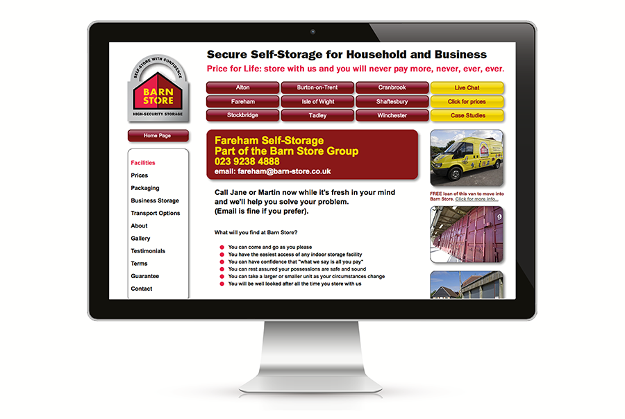 Website design for Barn Store, independent, 24-hour access self-storage business, Hampshire, Isle of Wight, Dorset, Kent and Staffordshire